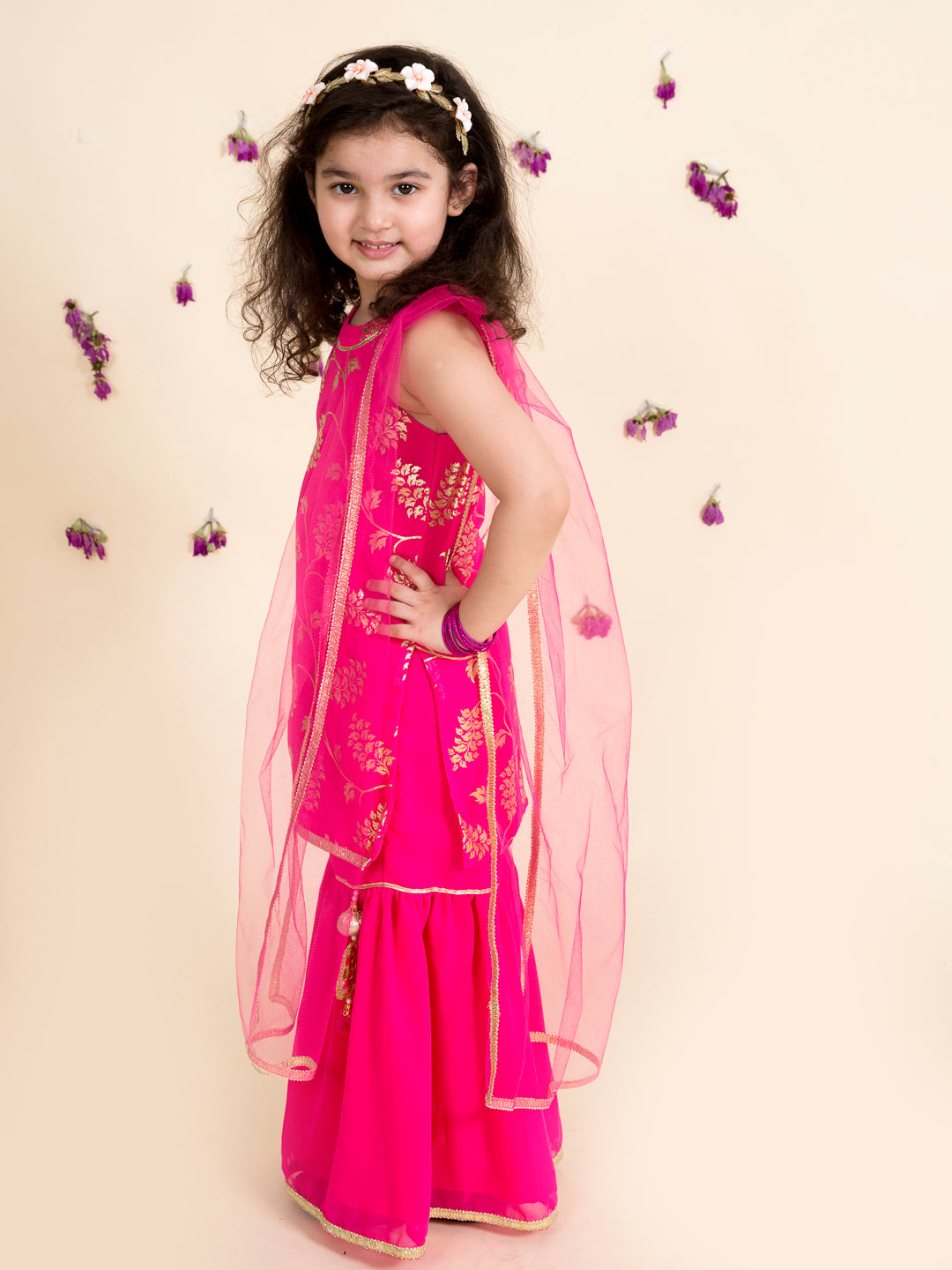 Pspeaches Girls Magenta Floral Printed Kurta With Sharara Dupatta (IW-MAGENTA FOIL)