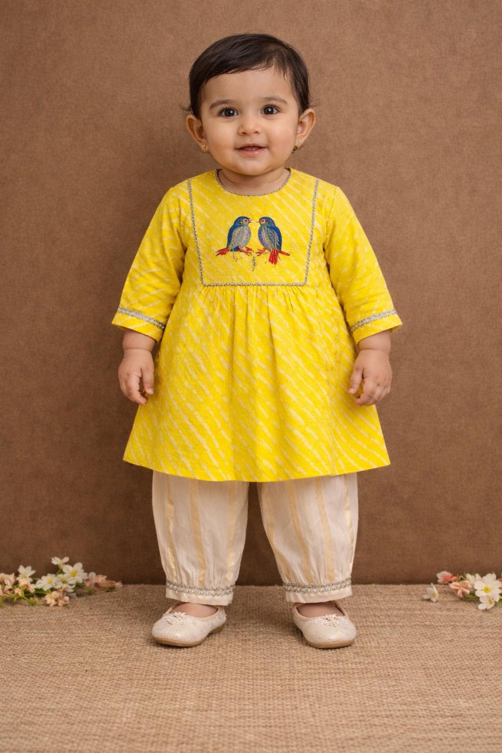 Pspeaches Baby Girls Yellow & White Ethnic Leheriya Print Cotton A-Line Kurta & Pant Set ( Sku-Ing-Yellowleh )