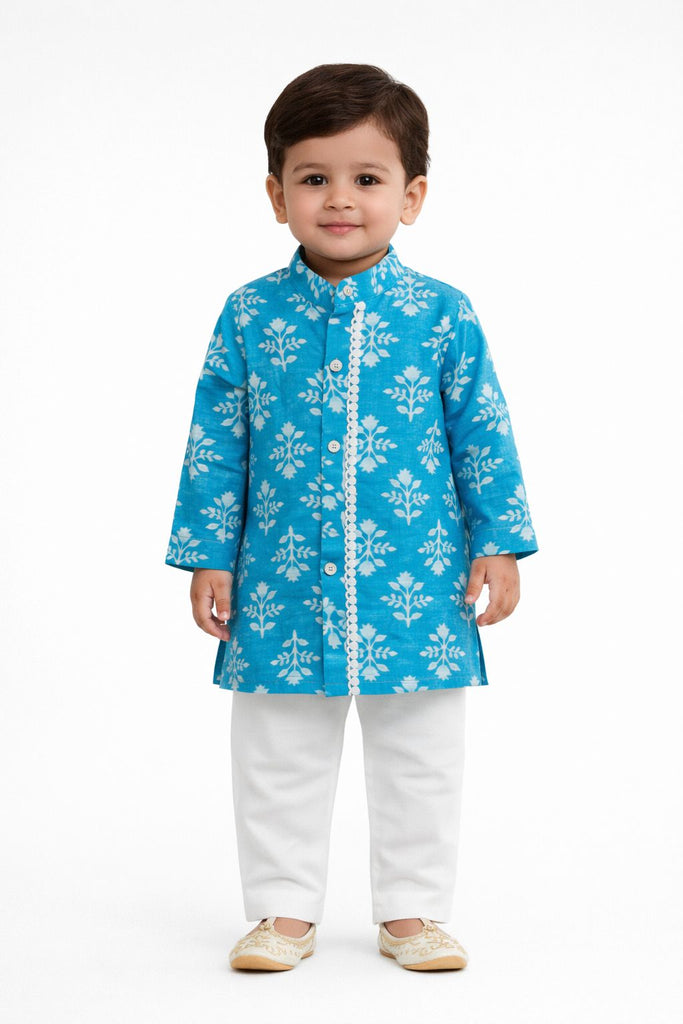 Pspeaches Baby Boys Blue & White Ethnic Booti Print Cotton Straight Fit Kurta With Pyjama Set ( Sku-Inb-Bluebooti )