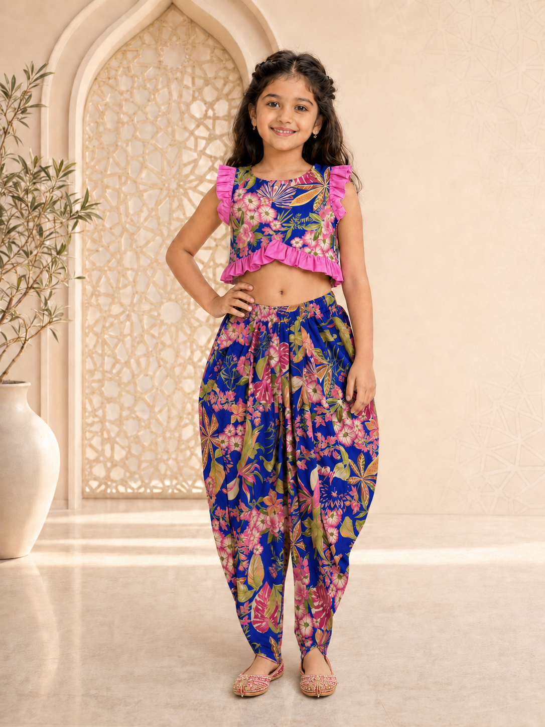 Girls Floral Printed Fitted Crop Top With Dhoti Pants (DH-BLUEPINKFLOWER)