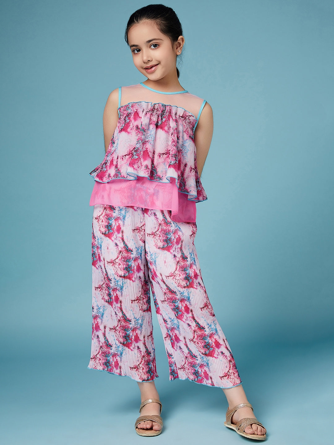 Girls Printed Sleeveless Top With Palazzos (s-pleatpink)