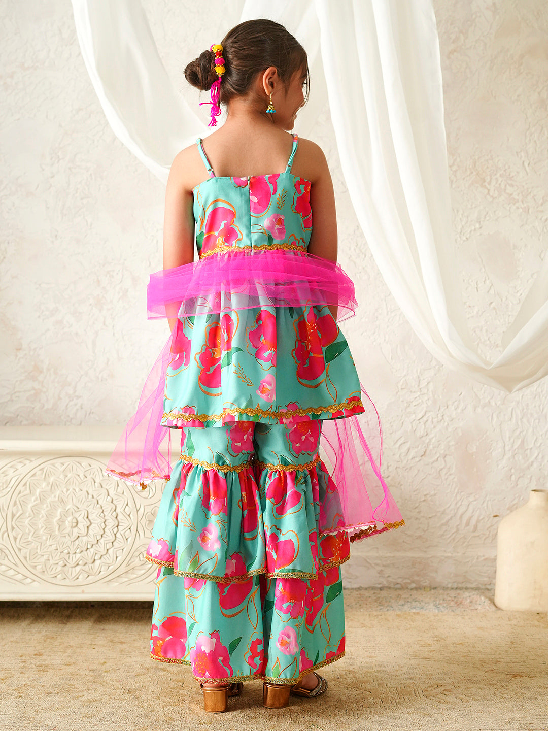 Pspeaches Girls Sea-Green Ethnic Floral Print Rayon A-Line Kurta & Sharara With Dupatta ( Sku-Sha-Tlgreenkota )