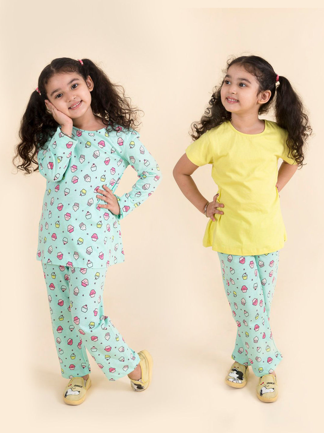 Girls Yellow Sea Green Pure Cotton 3-Piece Night Suit (NW-Cupcakes)