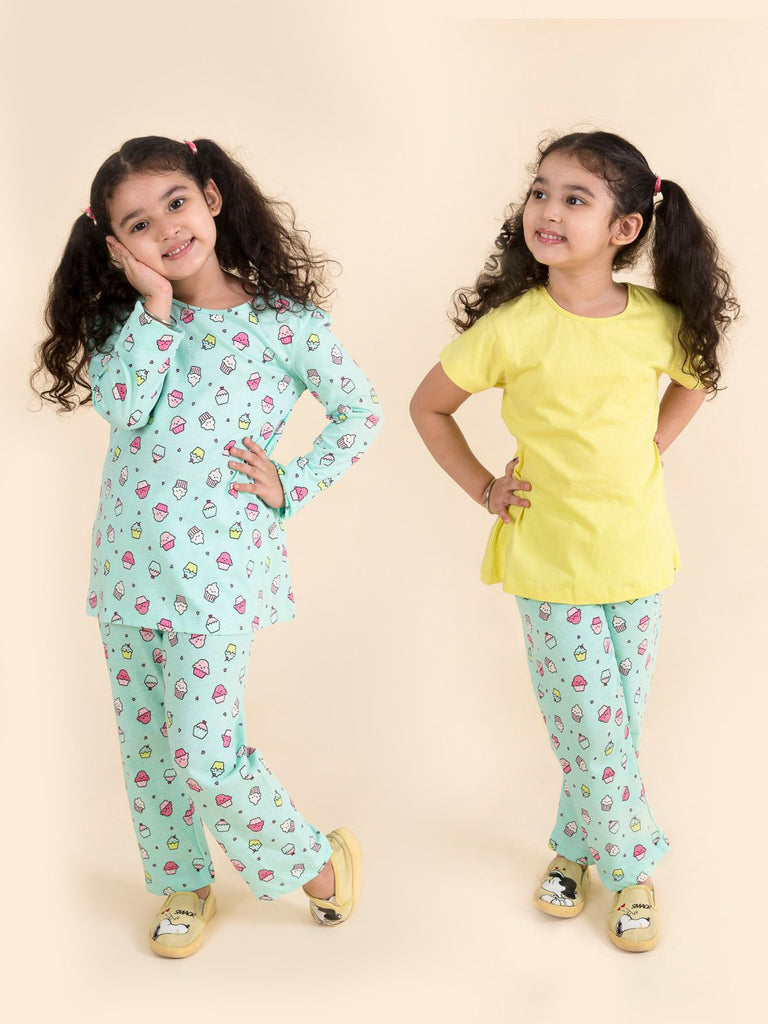 Girls Yellow Sea Green Pure Cotton 3-Piece Night Suit (NW-Cupcakes)
