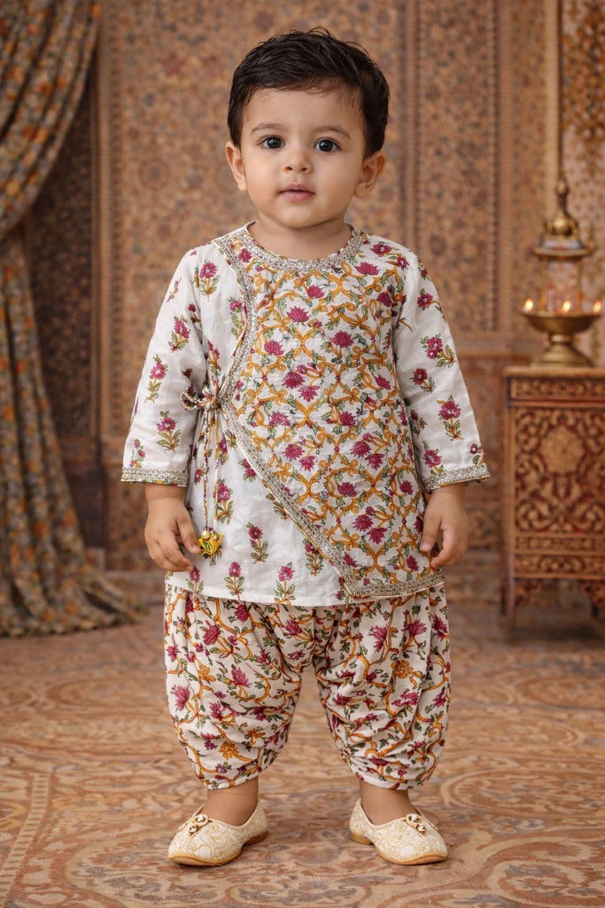Pspeaches Baby Boys White Booti Print Cotton Angrakha Kurta With Dhoti Pant ( Sku-Inb-Dhotiprint )