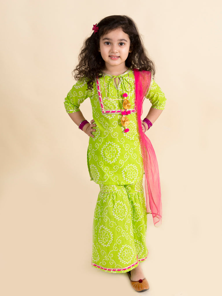 Pspeaches Girls Green Pink Bandhani Embroidered Pure Cotton Kurta With Sharara Dupatta (SHA-GREEN BANDHNI)