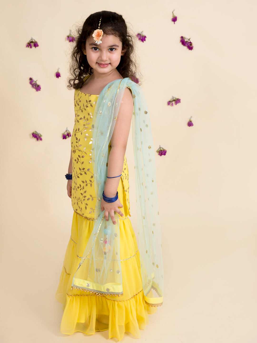 Pspeaches Girls Yellow Embroidered Kurti With Sharara With Dupatta (IW-YELLOW FOIL GGT)