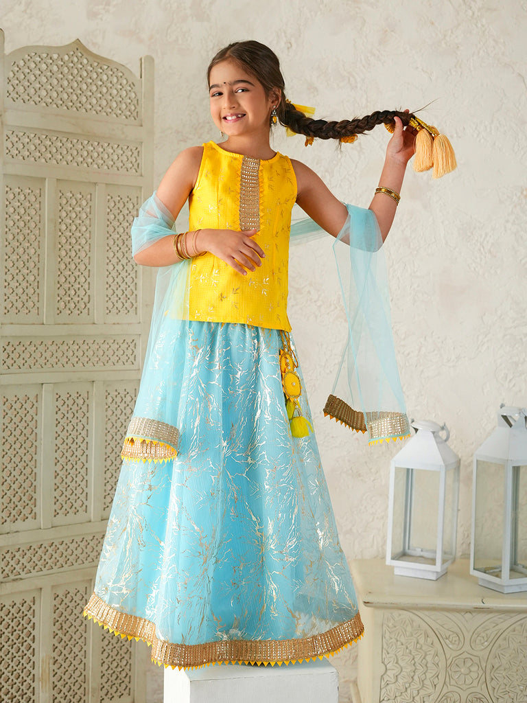 Pspeaches Girls Yellow & Sky Blue Ethnic Foil Print Kota Doria Circular Lehenga & Choli With Dupatta ( Sku-L-Blueshimmer )
