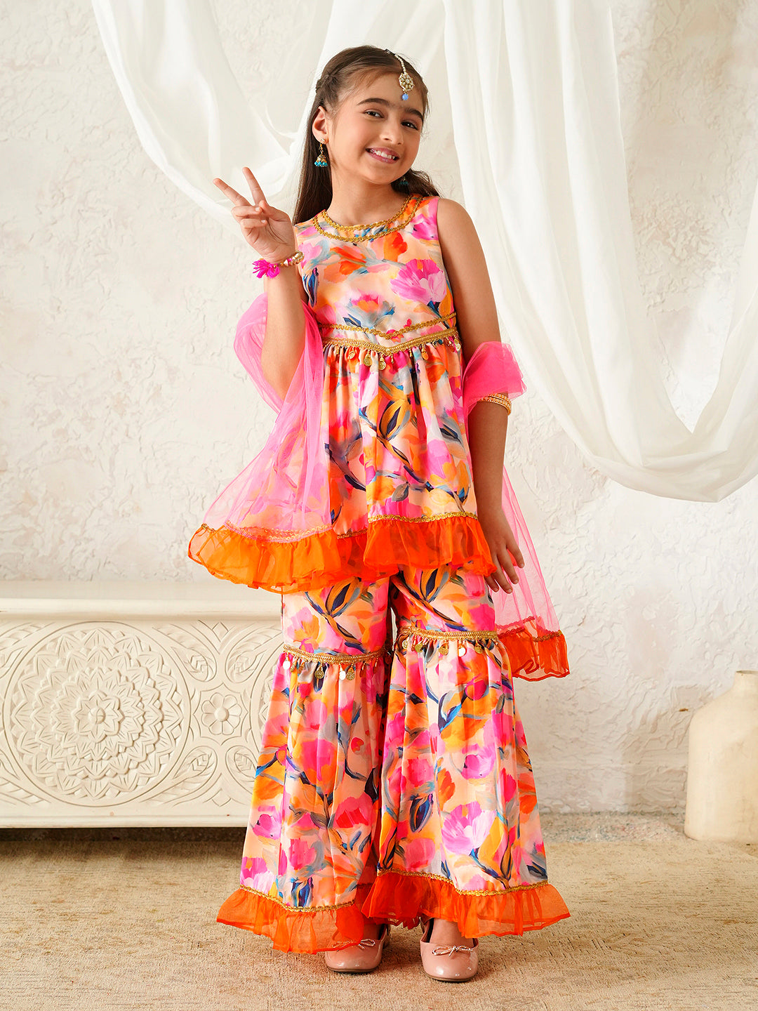 Pspeaches Girls Multi Ethnic Floral Print Rayon A-Line Kurta & Sharara With Dupatta ( Sku-Sha-Orangemuslin )