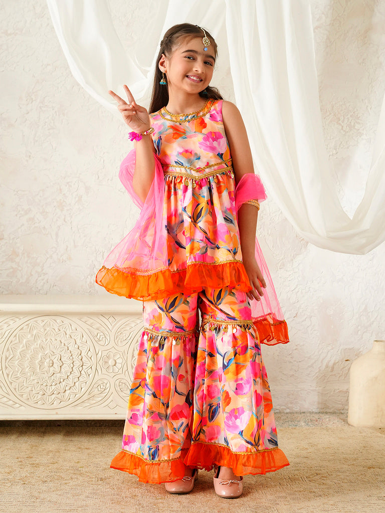 Pspeaches Girls Multi Ethnic Floral Print Rayon A-Line Kurta & Sharara With Dupatta ( Sku-Sha-Orangemuslin )