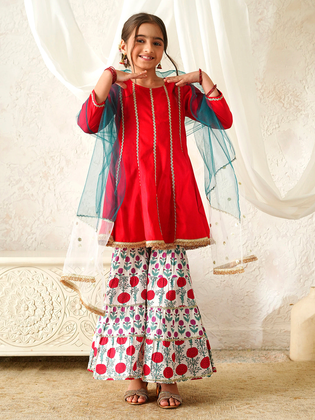 Pspeaches Girls Red Ethnic Floral Print Rayon A-Line Kurta & Sharara With Dupatta ( Sku-Sha-Redrayon )