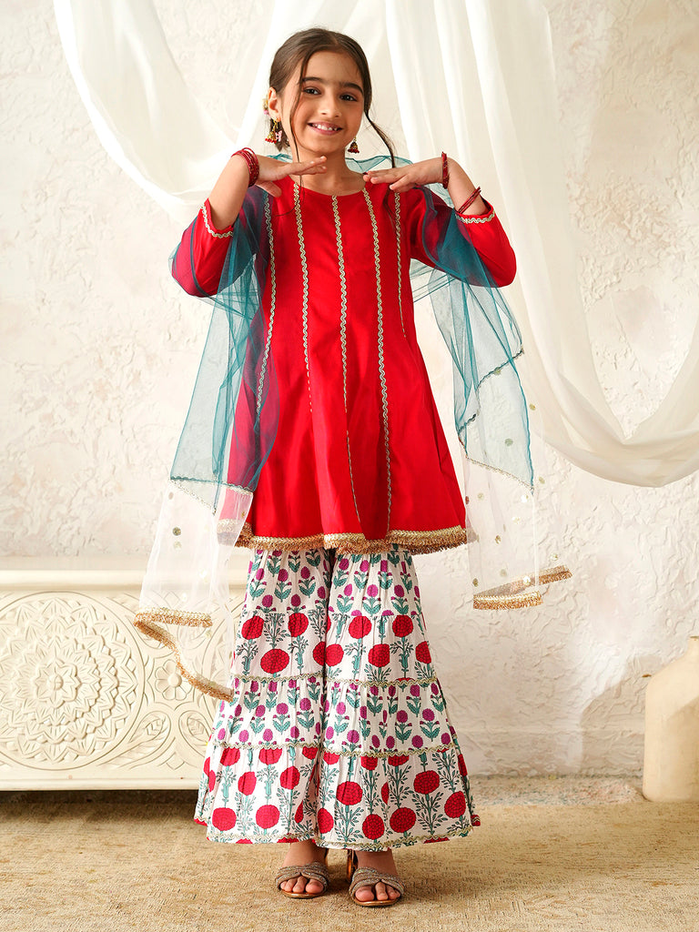 Pspeaches Girls Red Ethnic Floral Print Rayon A-Line Kurta & Sharara With Dupatta ( Sku-Sha-Redrayon )