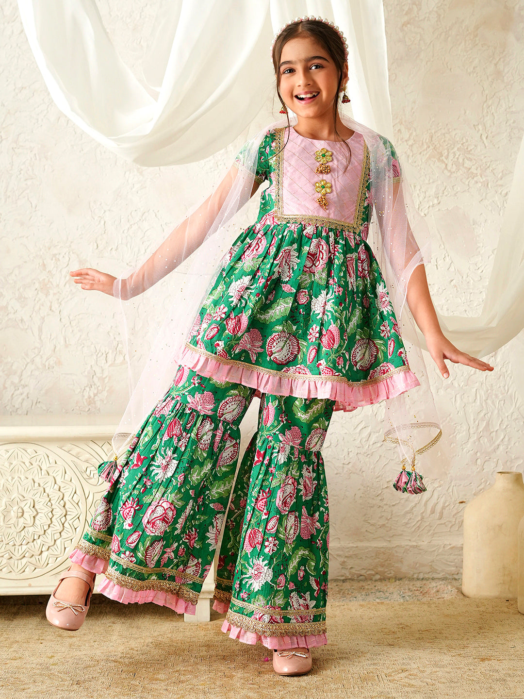 Pspeaches Girls Pink & Green Ethnic Floral Print Cotton A-Line Kurta & Sharara With Dupatta ( Sku-Sha-Greenlurex )
