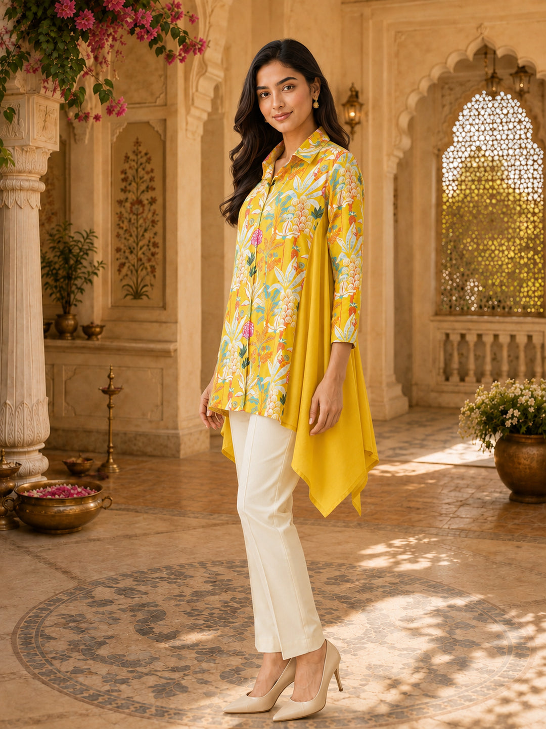 Women’s Yellow Floral Asymmetrical Muslin Top