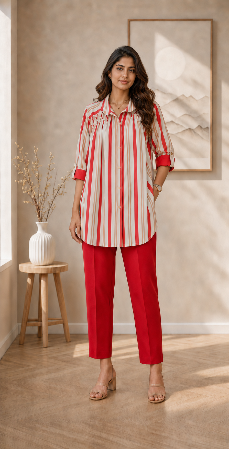 Women’s Red Striped Pintuck Muslin Top