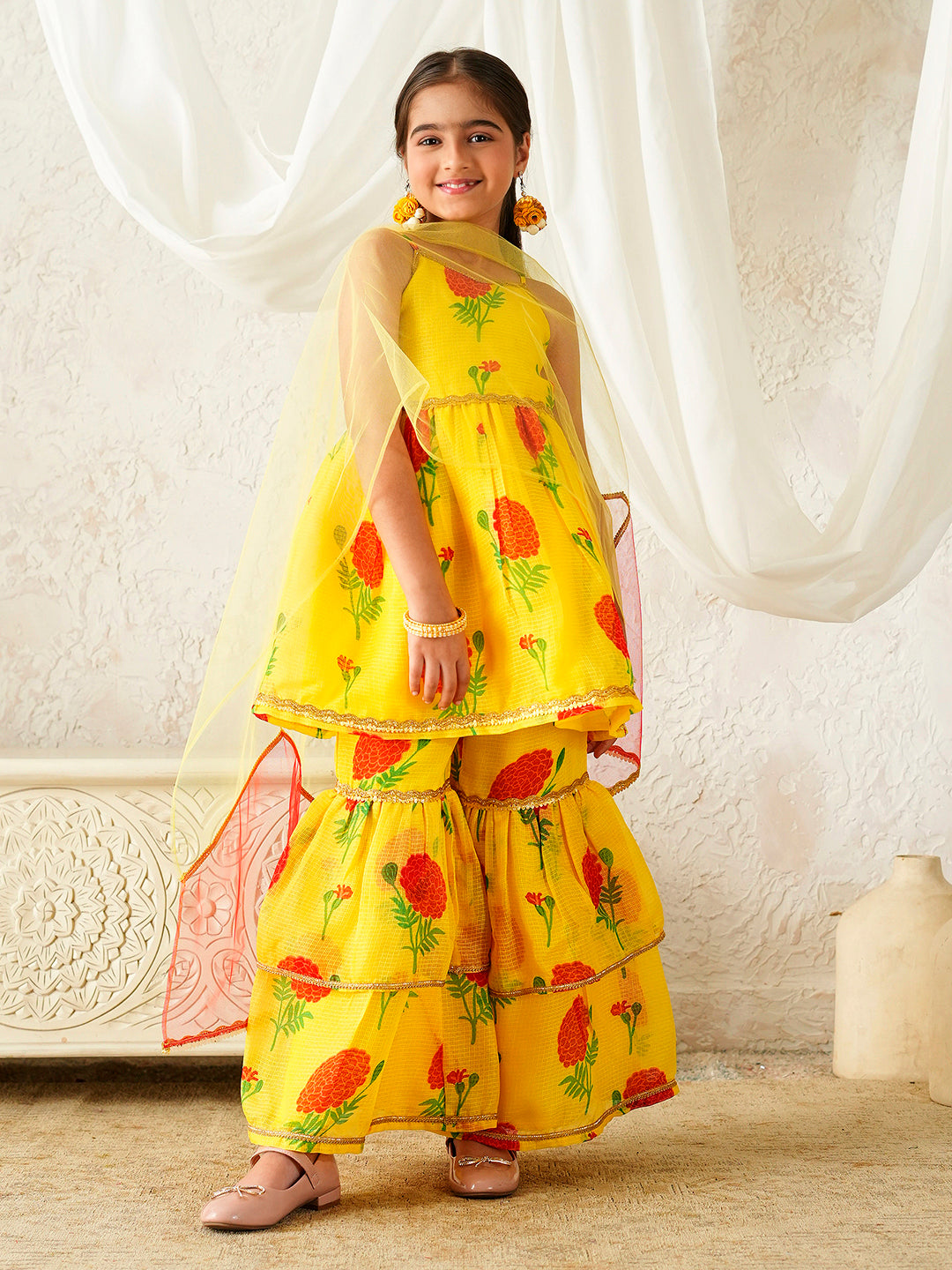 Pspeaches Girls Yellow Ethnic Floral Print Kota-Doria A-Line Kurta & Sharara With Dupatta ( Sku-Sha-Ylredrose )