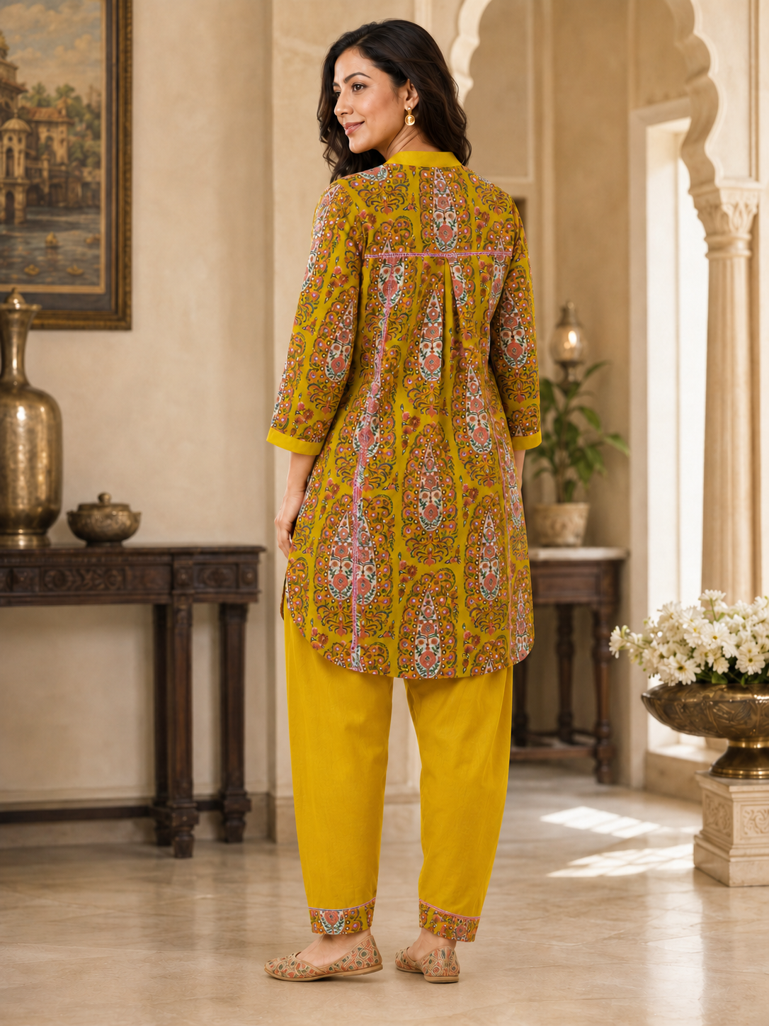 Women’s Yellow Floral Cotton Mirror Work Kurta Set