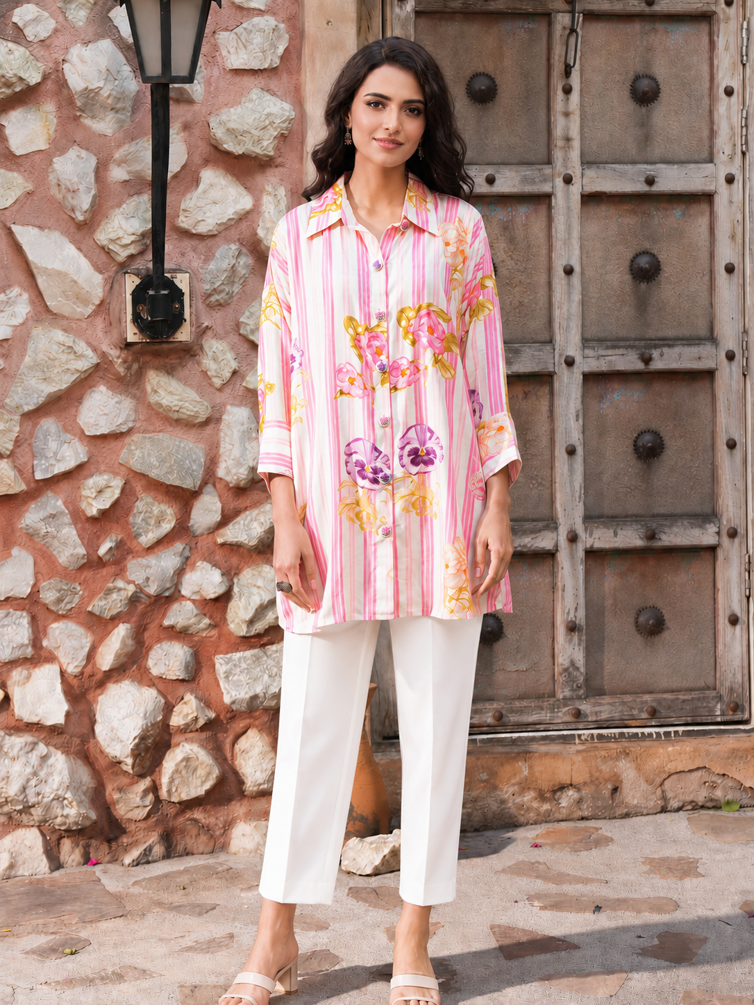 Women’s Pink Striped Printed Muslin Top