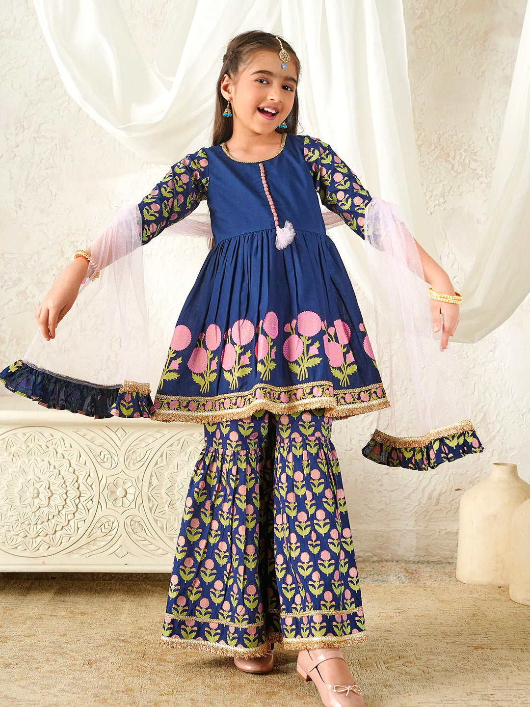 Pspeaches Girls Blue Ethnic Floral Print Cotton A-Line Kurta & Sharara With Dupatta ( Sku-Sha-Navyblcambric )