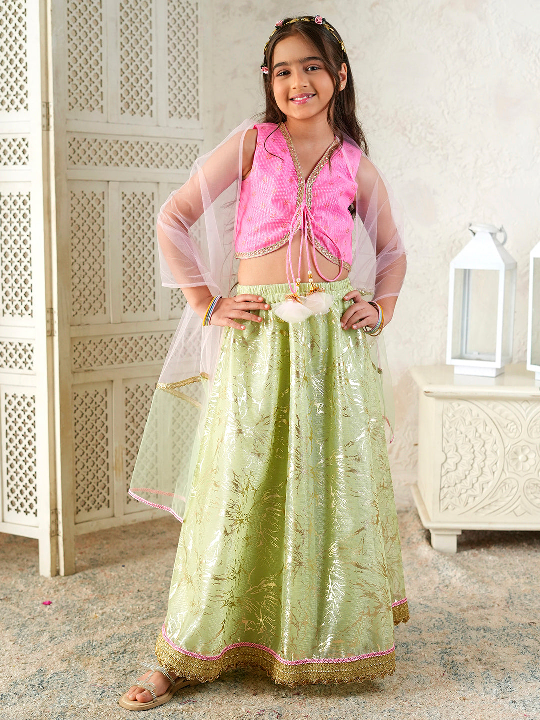 Pspeaches Girls Pink & Pista Green Ethnic Foil Print Kota Doria Circular Lehenga & Choli With Dupatta ( Sku-L-Greenshimmer )
