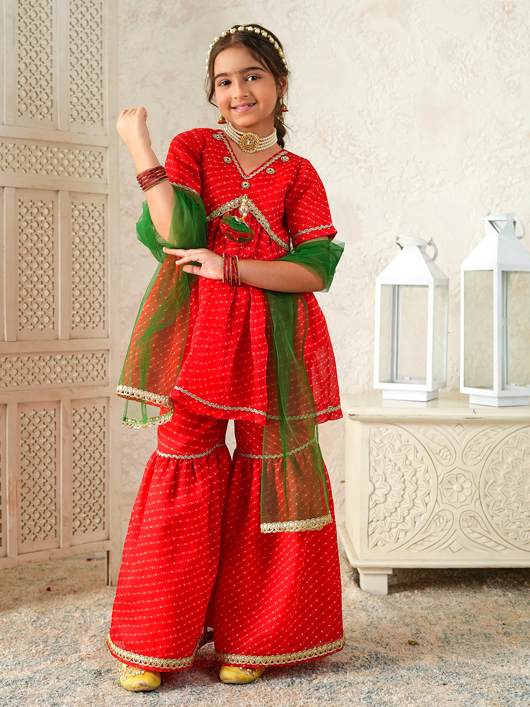 Pspeaches Girls Red Ethnic Leheriya Print Kota-Doria A-Line Kurta & Sharara With Dupatta ( Sku-Sha-Redleheriya )