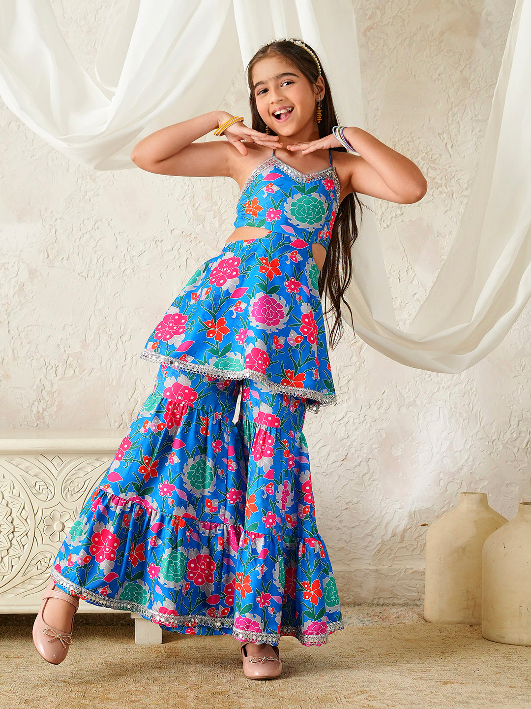 Pspeaches Girls Blue Ethnic Floral Print Rayon A-Line Kurta With Sharara Set ( Sku-Sha-Bluevoile )