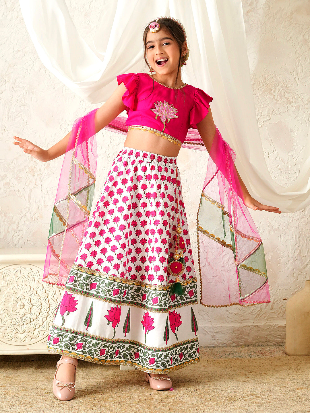 Pspeaches Girls Magenta & White Ethnic Booti Print Rayon Circular Lehenga & Choli With Dupatta ( Sku-L-Mglotuspatch )