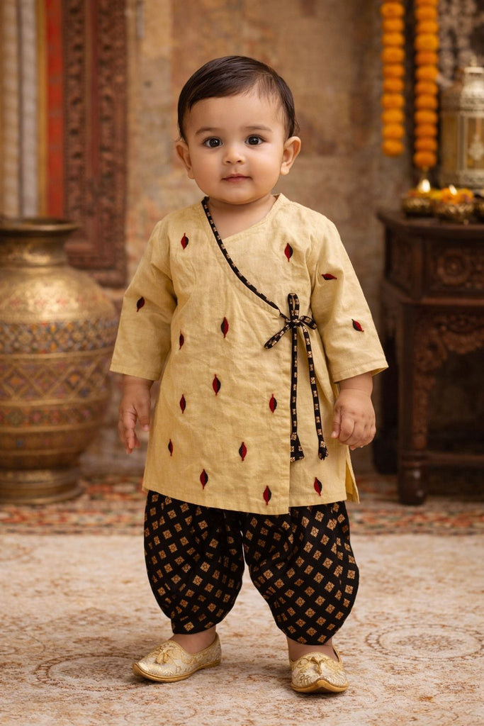Pspeaches Baby Boys Beige & Brown Embroidered Cotton Angrakha Kurta With Foil Print Dhoti Pant ( Sku-Inb-Dhotibrown )