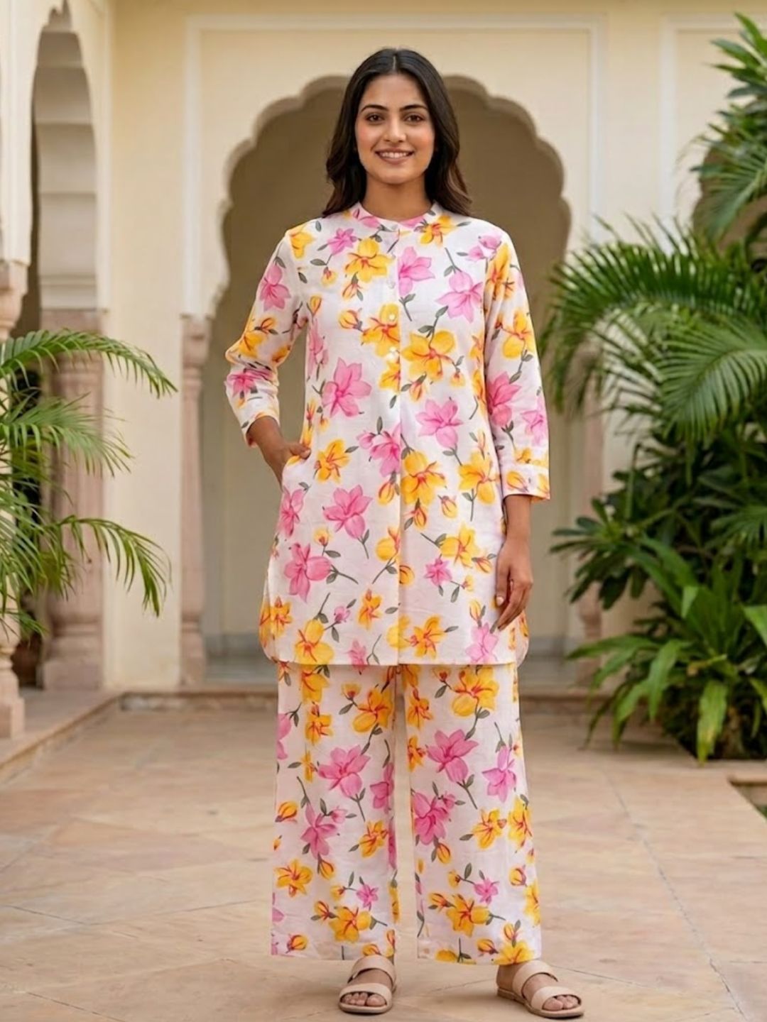 Pspeaches Women Cotton Full Sleeves Mandarin Collar Floral Print Kurta With Pant 2 Piece Set - Offwhite
