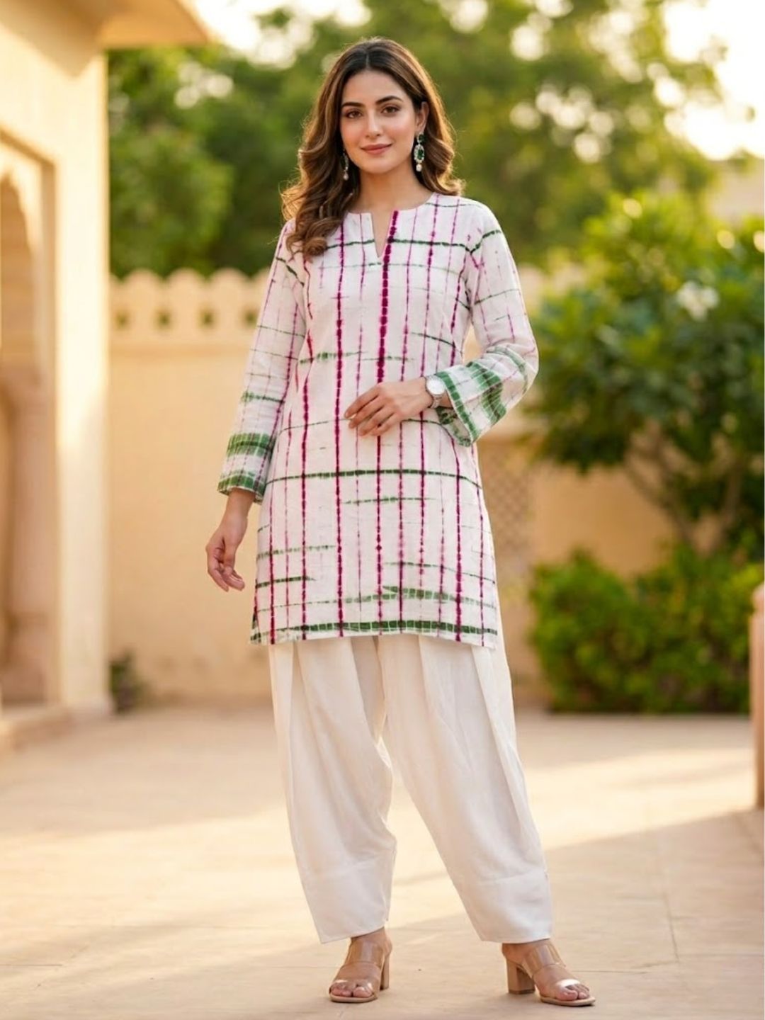 Pspeaches Women Cotton Full Sleeves Mandarin Collar Bandhani Print Kurta With Pant 2 Piece Set - White