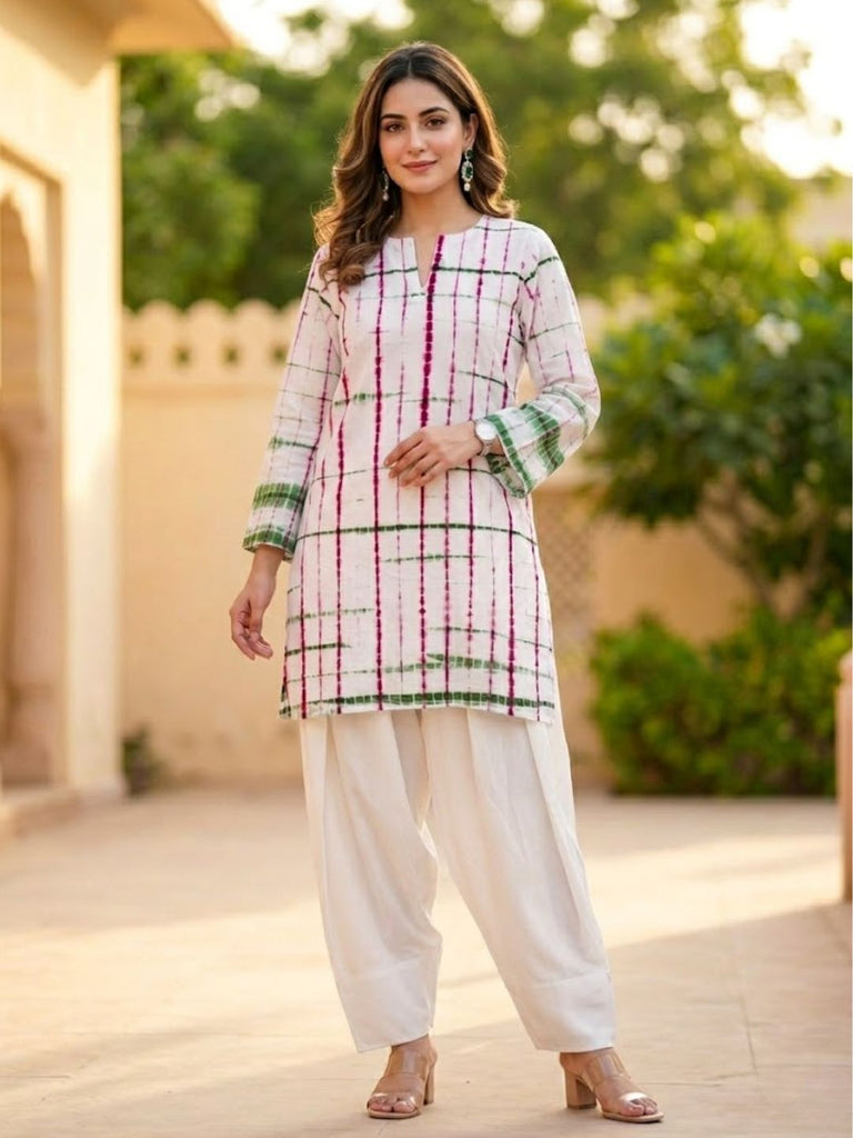 Pspeaches Women Cotton Full Sleeves Mandarin Collar Bandhani Print Kurta With Pant 2 Piece Set - White