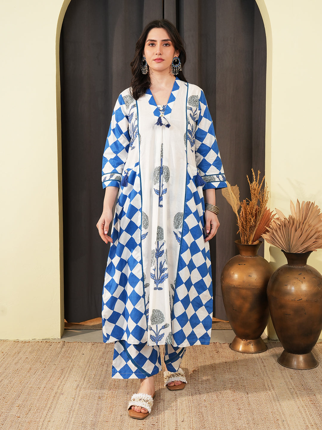 Blue Check Lace Insert Kurta Set
