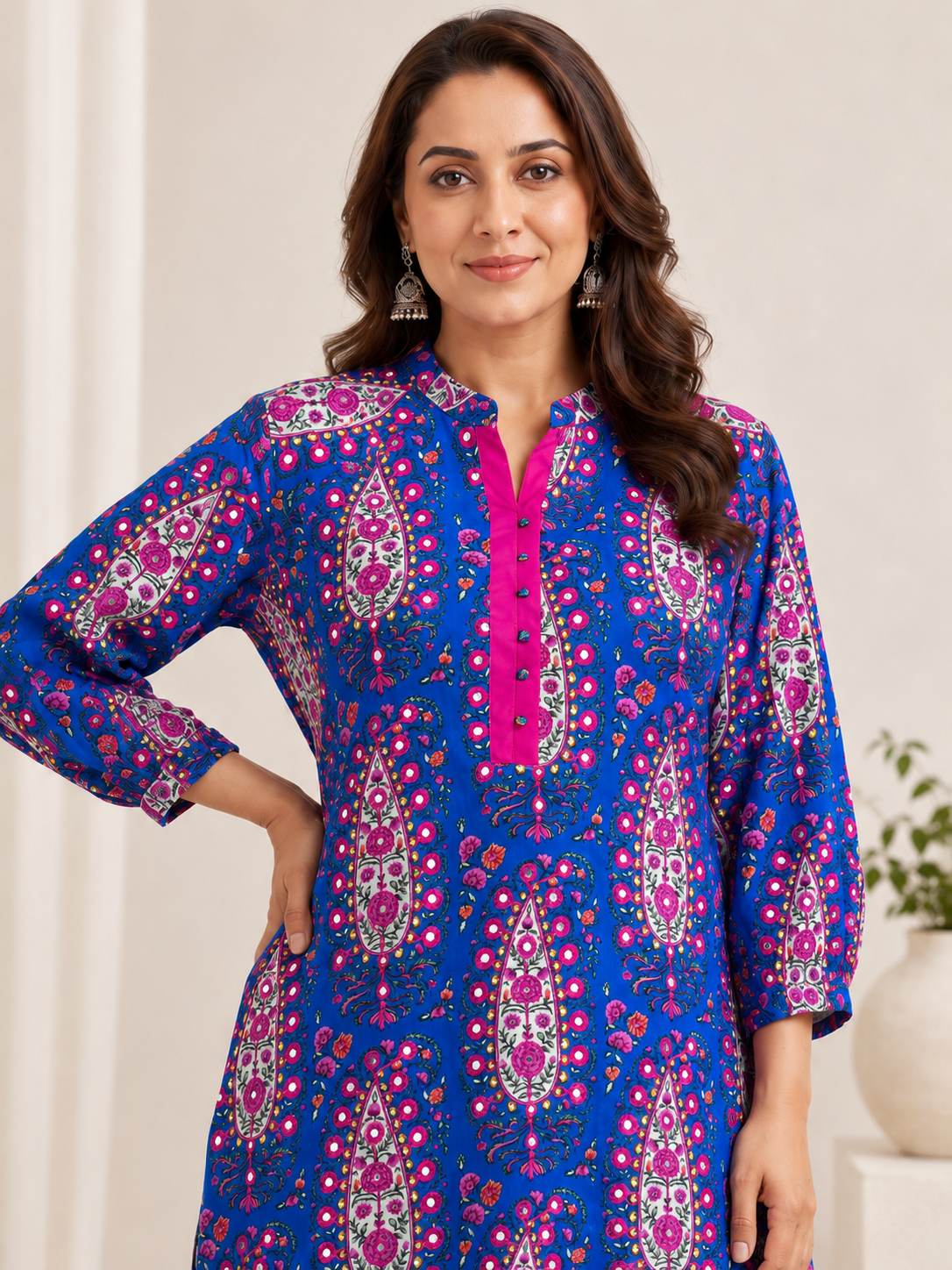 Women's Blue Cotton Mirror Printed Straight Kurta Set with Pants