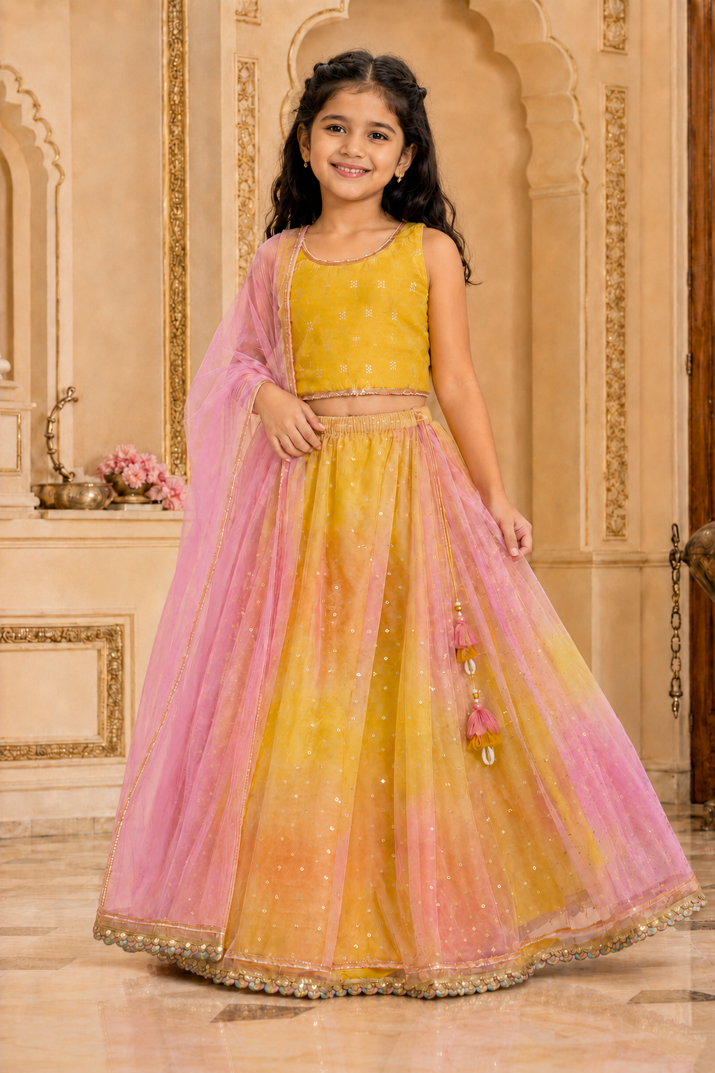 Girls Foil Net Fitted Lehenga Choli With Dupatta (L-YELLOWDUPION)