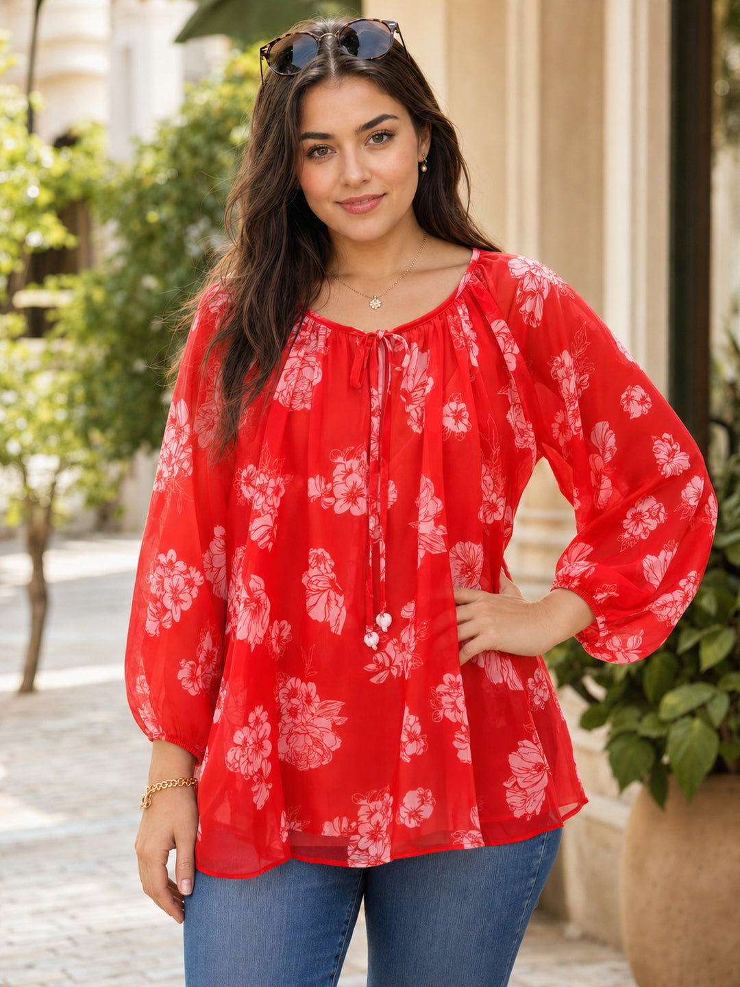 Pspeaches Women Georgette Full Sleeves Round Neck Floral Print Top With Camisole - Red