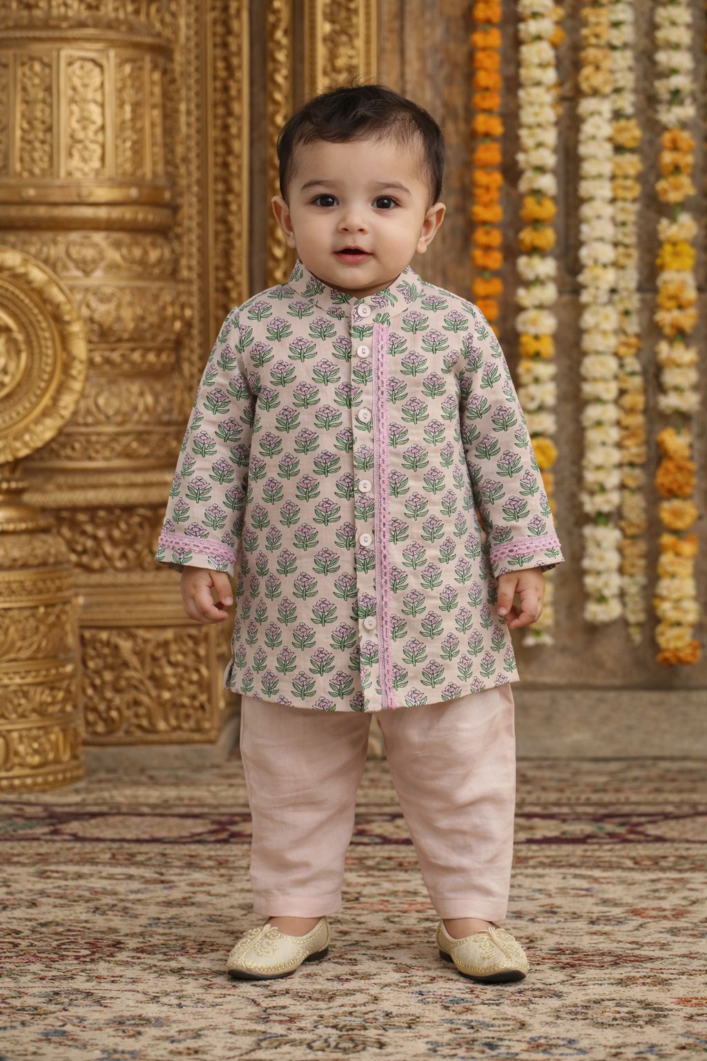 Pspeaches Baby Boys Beige Booti Print Cotton Straight Fit Kurta With Pyjama Set ( Sku-Inb-Pinkbooti )
