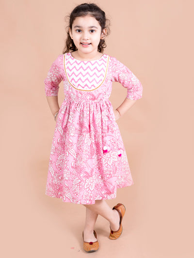 Pspeaches Pink Floral Printed Pure Cotton Dress (IW-PINK FLORAL)