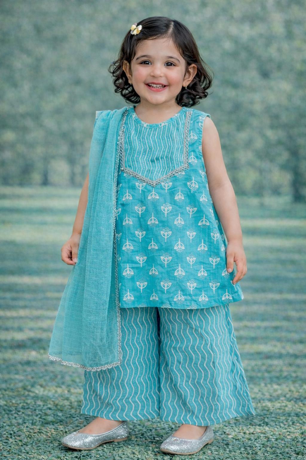 Pspeaches Baby Girls Sky-Blue Ethnic Khaddi Print Cotton A-Line Kurta & Pant With Dupatta ( Sku-Ing-Bluekhaddi )
