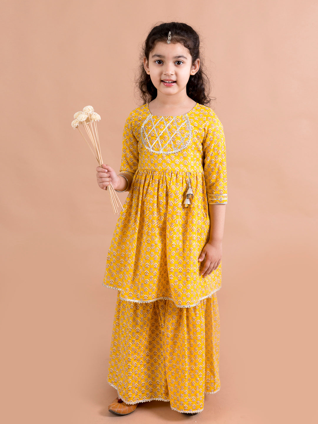 Pspeaches Girls Yellow Ethnic Booti Print Cotton A-Line Kurta With Sharara Set ( Sku-Ks-Mustardbooti )