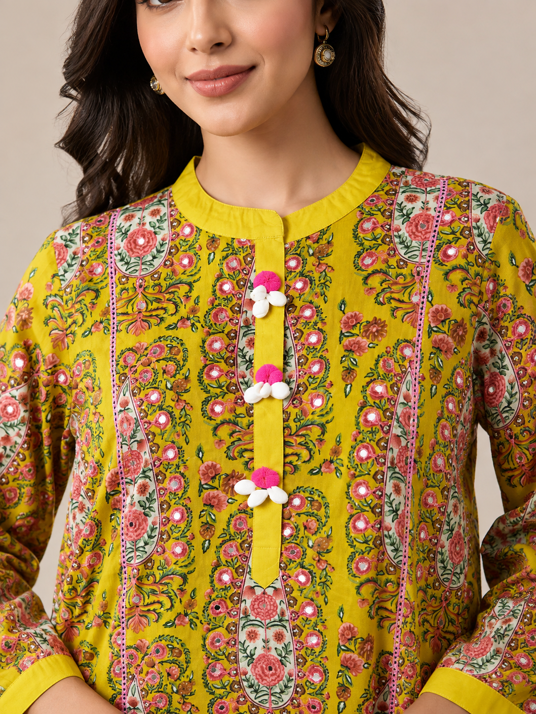 Women’s Yellow Floral Cotton Mirror Work Kurta Set