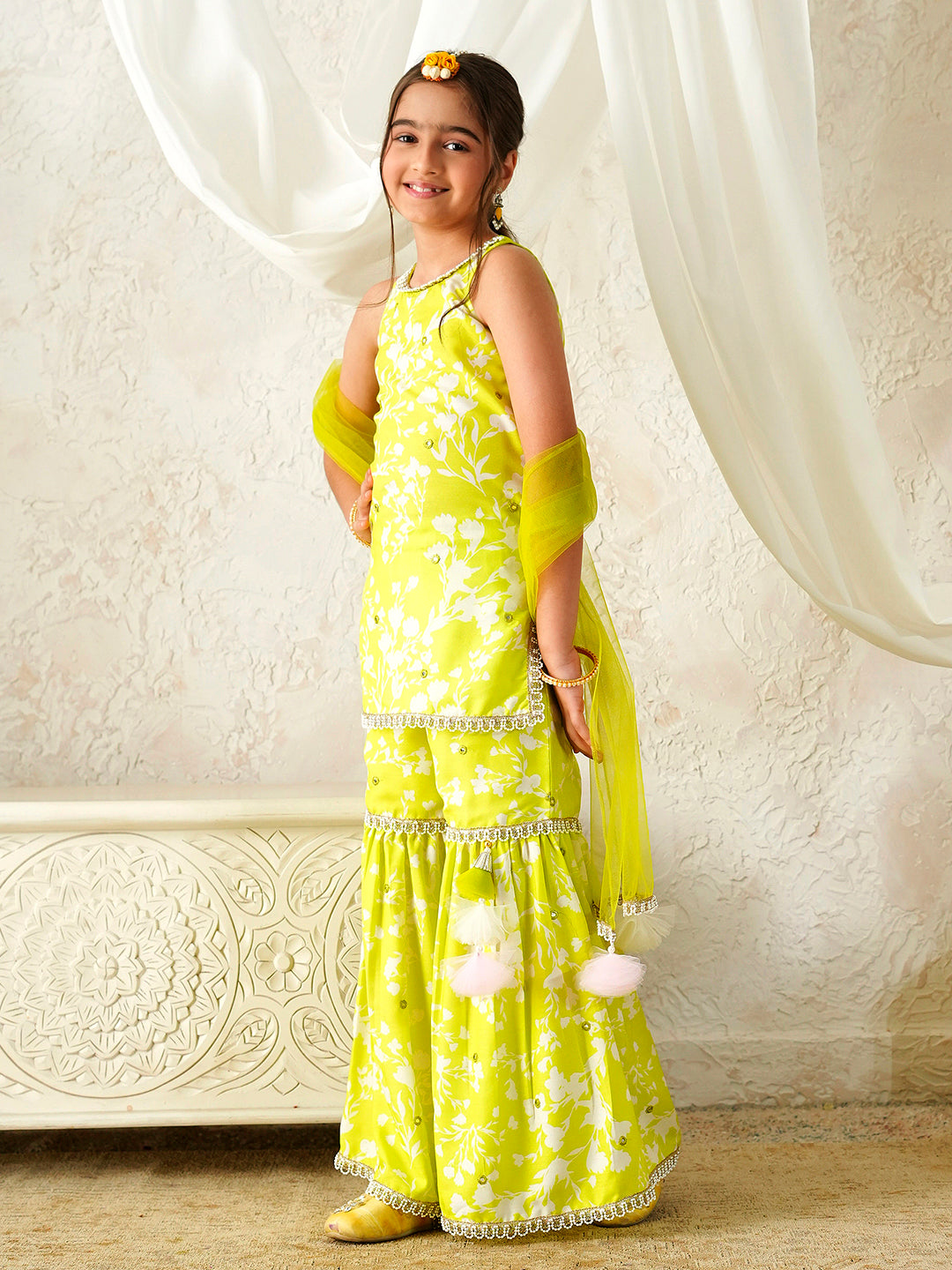 Pspeaches Girls Lime-Green Ethnic Floral Print Rayon A-Line Kurta & Sharara With Dupatta ( Sku-Sha-Limemuslin )
