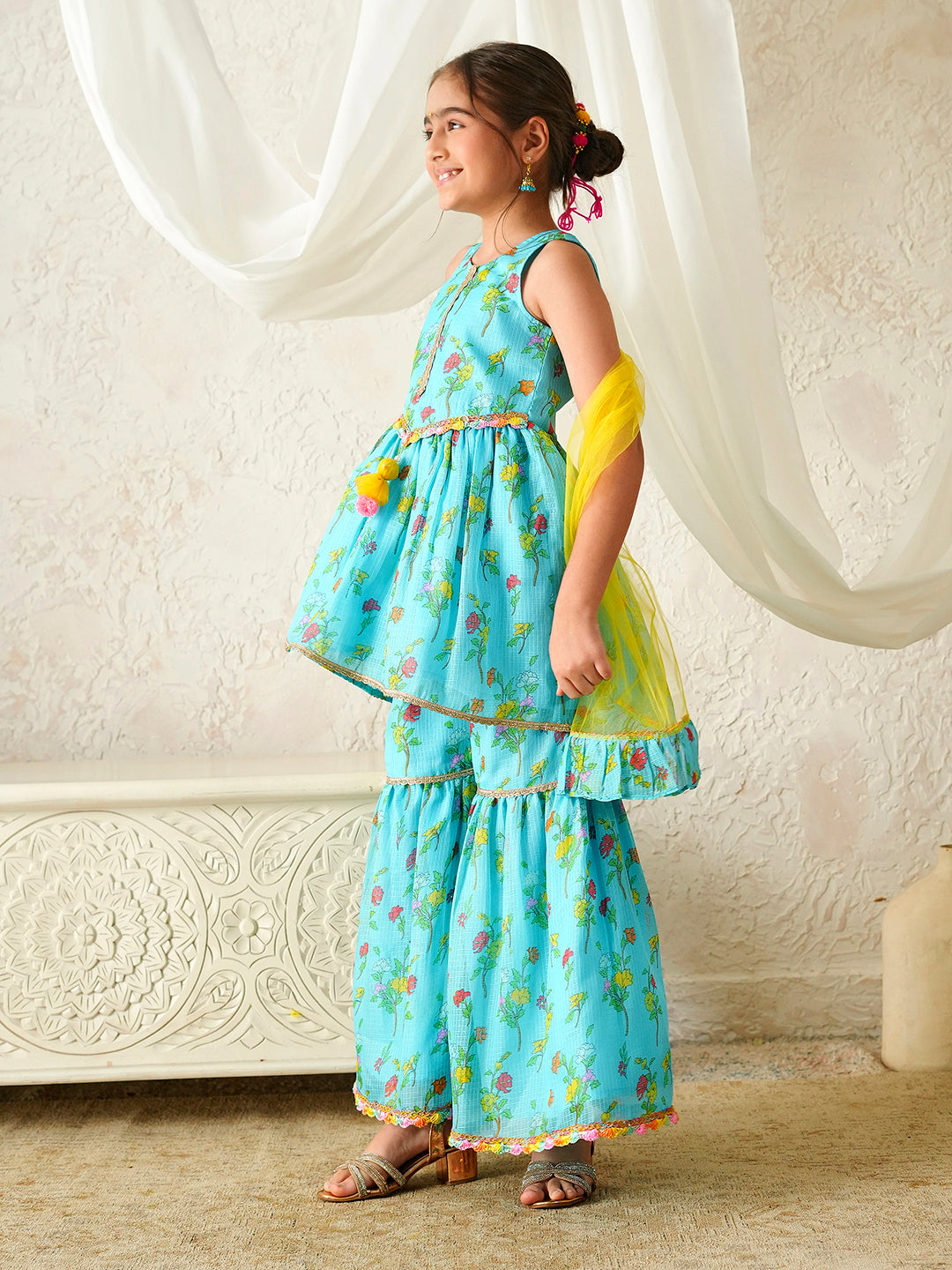 Pspeaches Girls Turquoise & Yellow Ethnic Floral Print Kota-Doria A-Line Kurta & Sharara With Dupatta ( Sku-Sha-Turqkota )