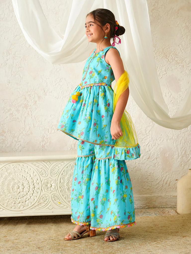 Pspeaches Girls Turquoise & Yellow Ethnic Floral Print Kota-Doria A-Line Kurta & Sharara With Dupatta ( Sku-Sha-Turqkota )