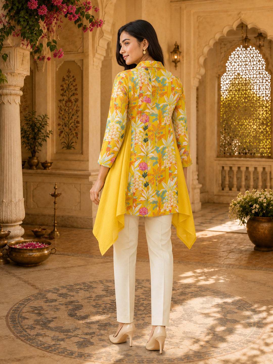 Women’s Yellow Floral Asymmetrical Muslin Top