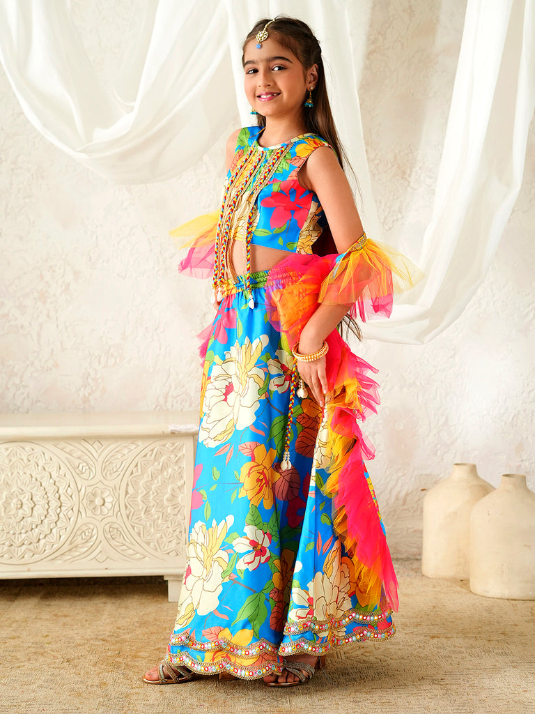 Pspeaches Girls Multi Ethnic Floral Print Satin Circular Lehenga & Choli With Dupatta ( Sku-L-Bluecrepe )