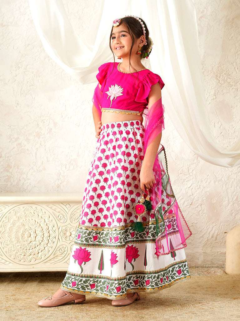 Pspeaches Girls Magenta & White Ethnic Booti Print Rayon Circular Lehenga & Choli With Dupatta ( Sku-L-Mglotuspatch )