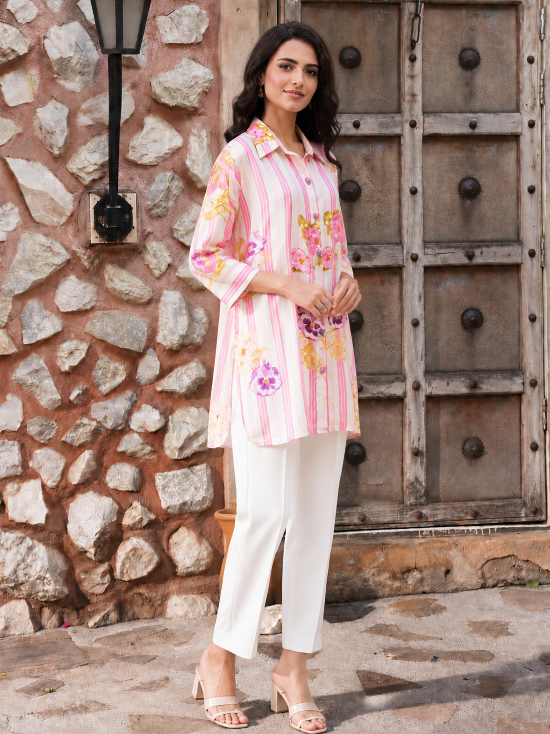 Women’s Pink Striped Printed Muslin Top