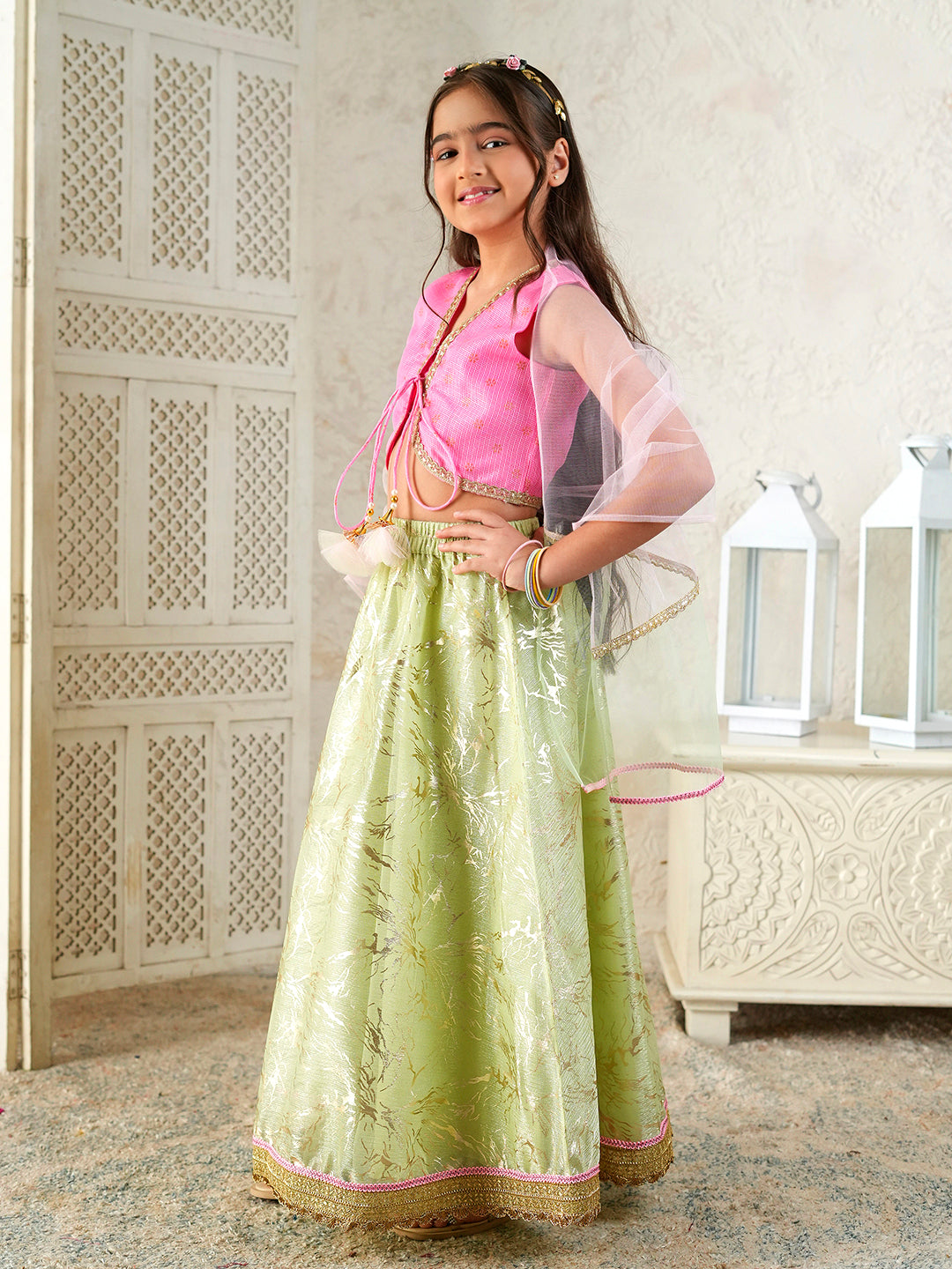 Pspeaches Girls Pink & Pista Green Ethnic Foil Print Kota Doria Circular Lehenga & Choli With Dupatta ( Sku-L-Greenshimmer )