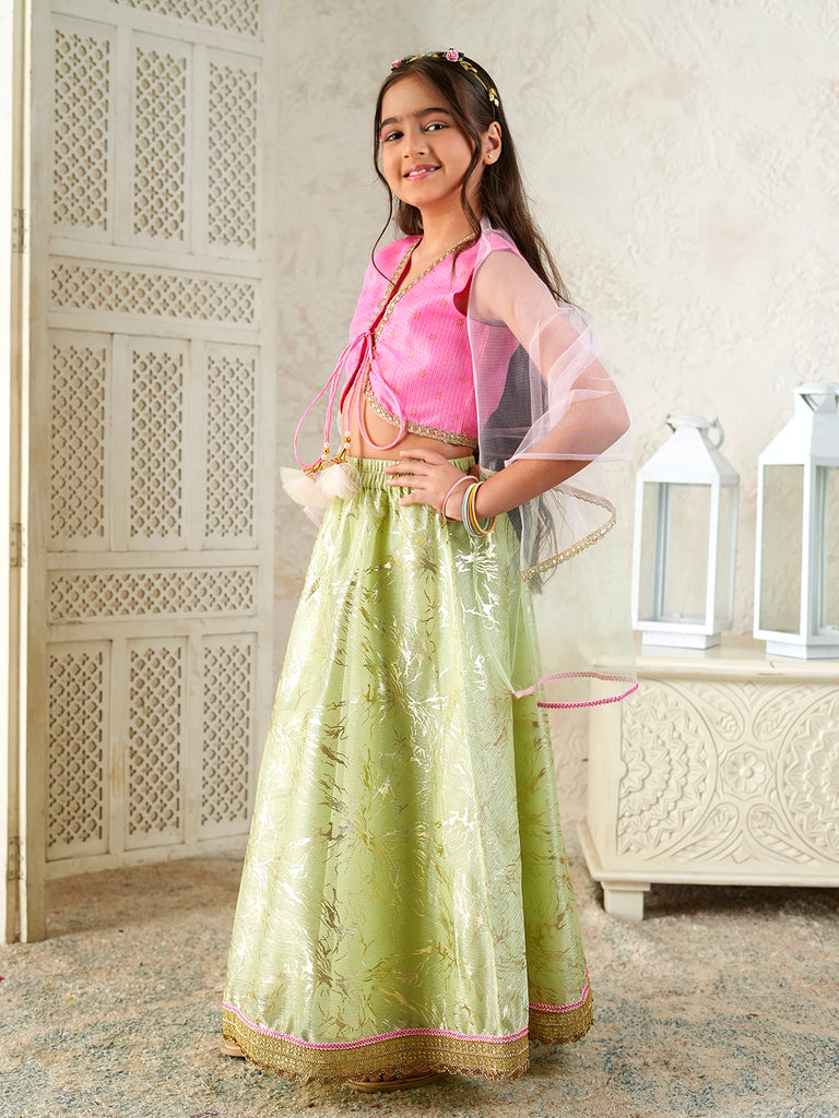 Pspeaches Girls Pink & Pista Green Ethnic Foil Print Kota Doria Circular Lehenga & Choli With Dupatta ( Sku-L-Greenshimmer )