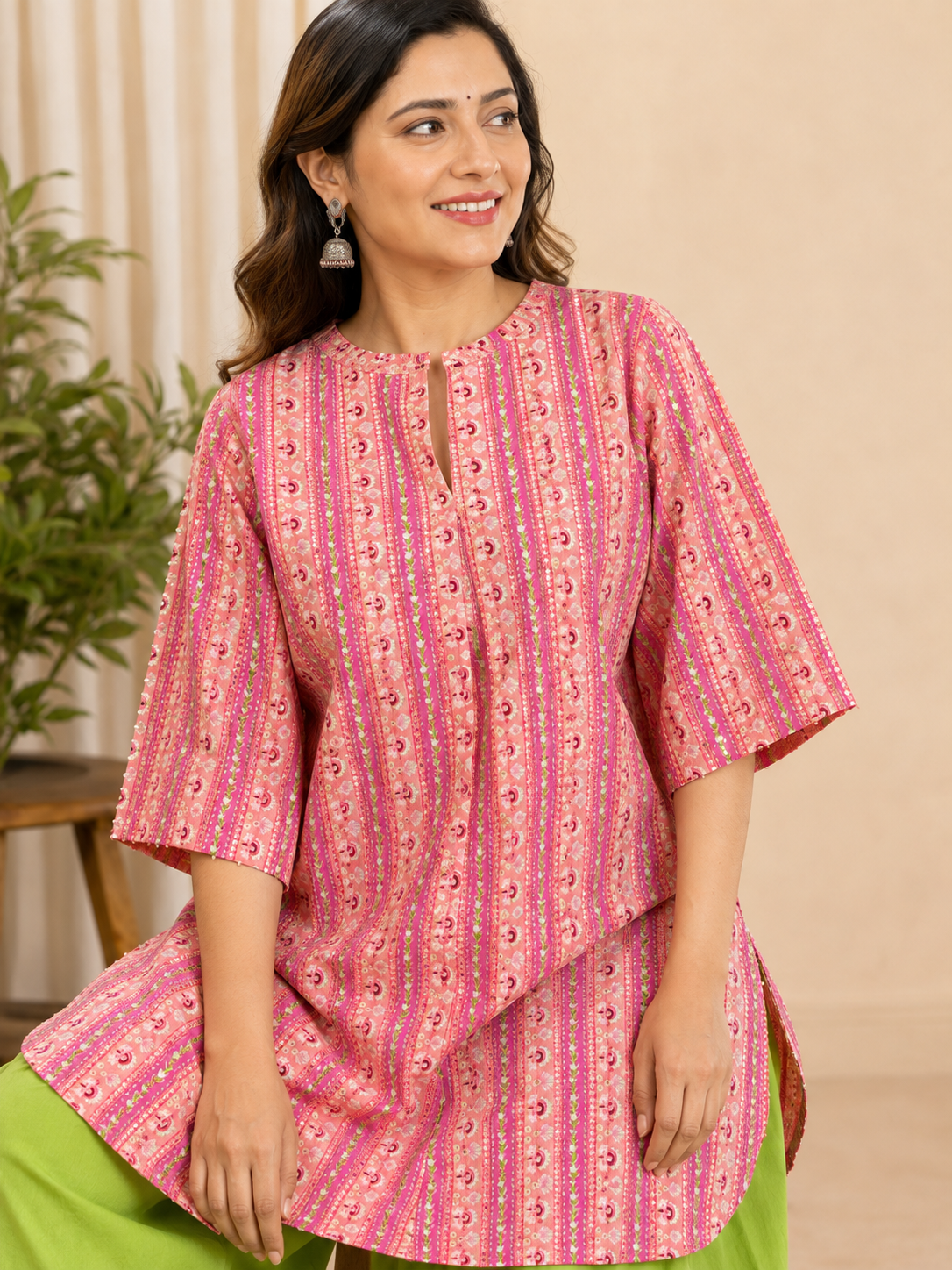 Women's Pink Cotton Striped Straight Kurta Set with Salwar